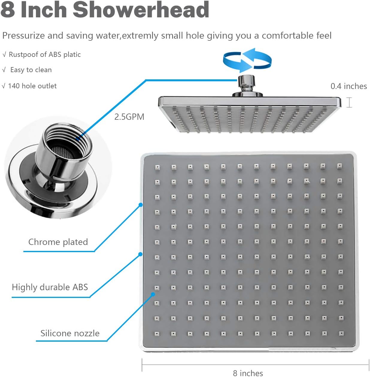 Amazing 🔥 8 Rain Showerhead with ON OFF Switch Handheld Combo with 11 Extension Shower Arm 70 inch Shower Hose Adhesive Shower Holder