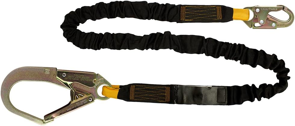 Fusion Climb 4ft 48"x2" Internal Bungee Fall Protection Safety Lanyard with HS Steel Snap Rebar Hooks 23kN Black