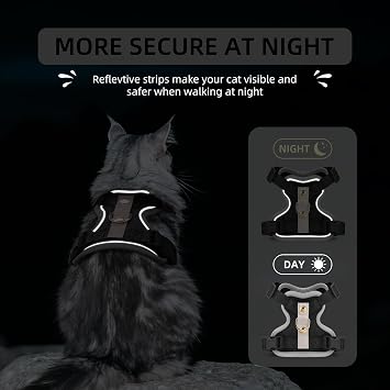 Escape Proof Cat Harness and Leash Set, Premium Microfiber Leather Trim, Adjustable Reflective Vest Harness for Cats, Breathable No-Pull Kitten Harness with Soft Mesh (Black, L)