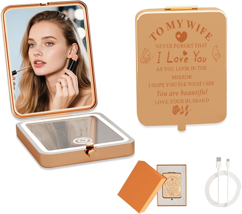 Espelho de maquiagem portátil PDOZV com luz LED, iluminação regulável em 3 cores, ampliação 3x, dobrável, Rose Gold, 1 unidade