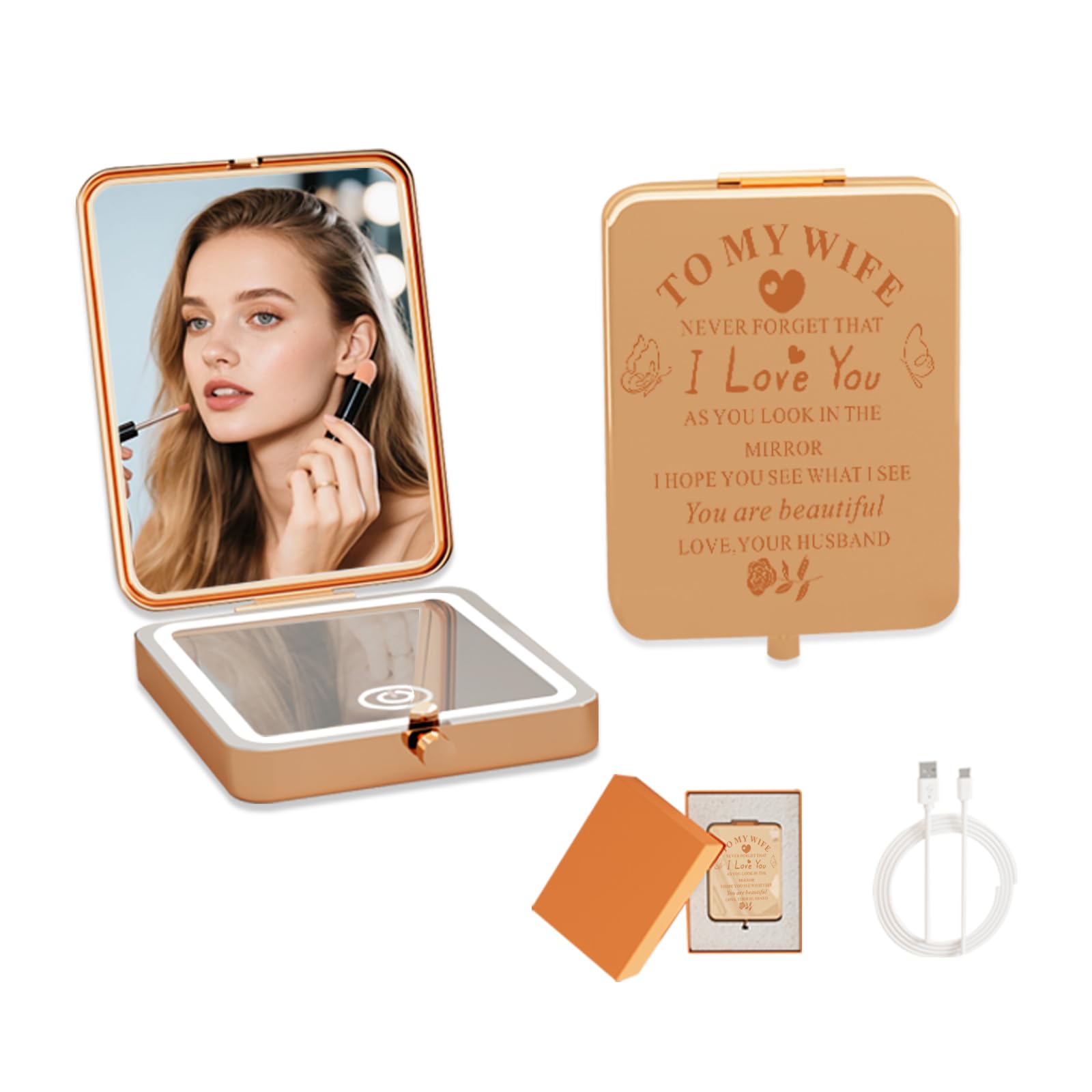 Compact Makeup Mirror with Lights, Rechargeable Dimmable 3 Color Lighting 3X Magnification LED Mirror for Pocket, Purse, Travel Portable Folding Hand, Gifts for Wife I Love You Wife Rose Gold (Wife)