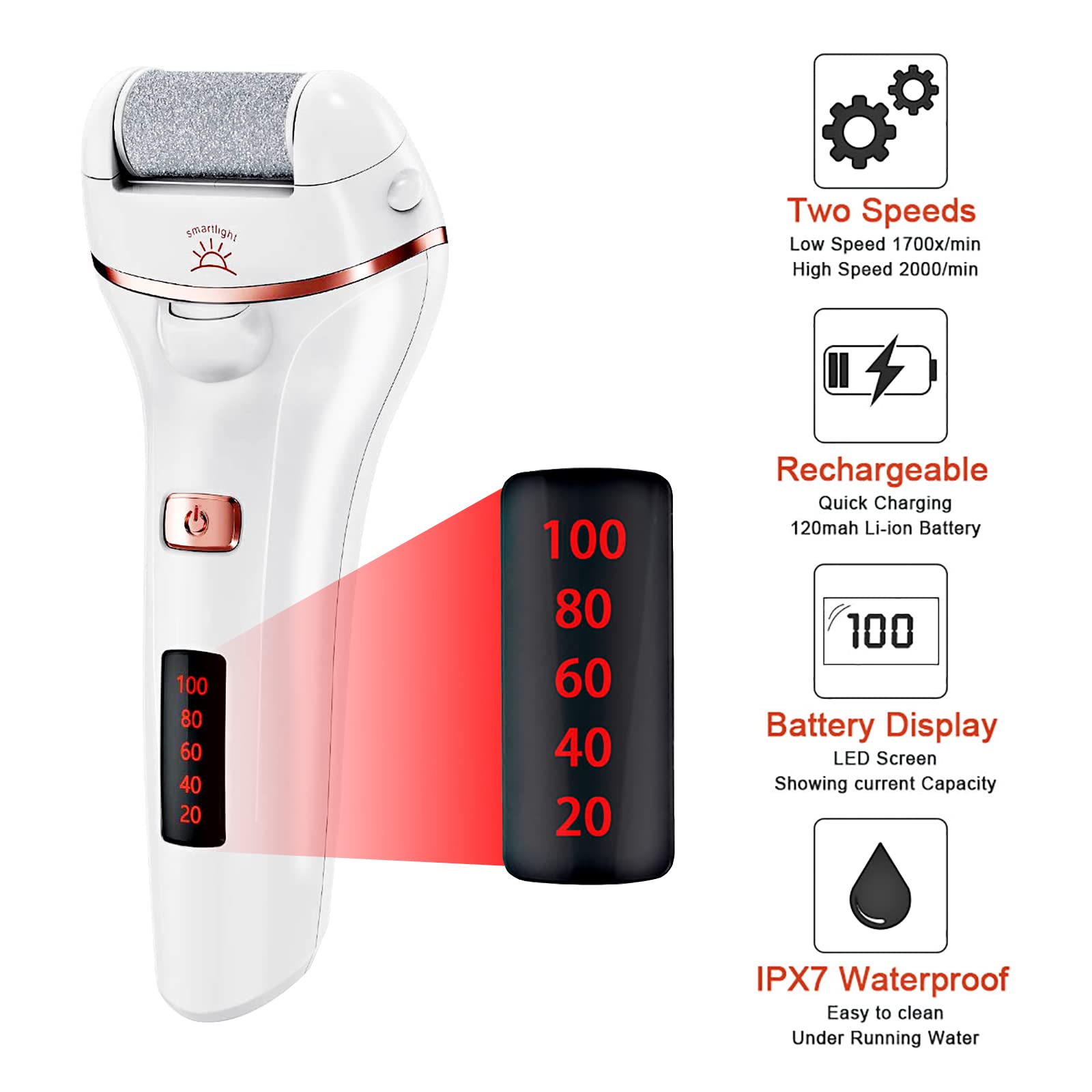 Lima Eléctrica Pies Durezas, Aottom Pedicura Electrico las Quita Durezas Eliminar Callos Herramientas de Poderoso Recargables Profesional con 3 Diamond Rodillos IPX7 Impermeable