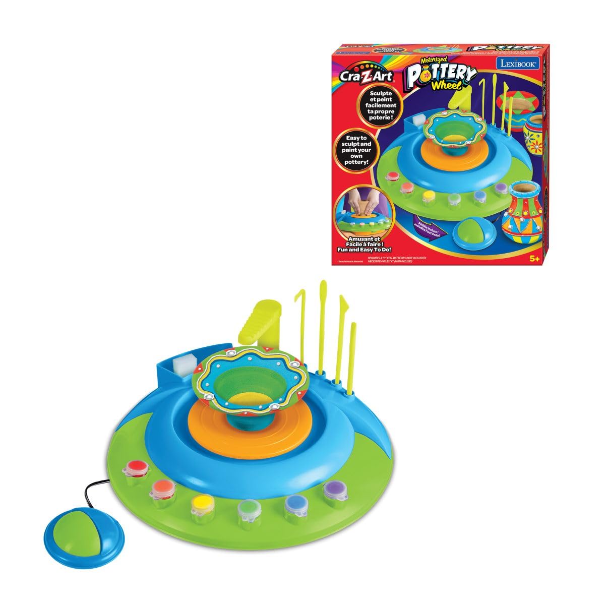 LEXIBOOK, Torno de Alfarería Motorizado para Niños, Kit Creativo con Arcilla Natural, Pinturas, Herramientas de Modelado y Accesorios, Verde, CRPOT1