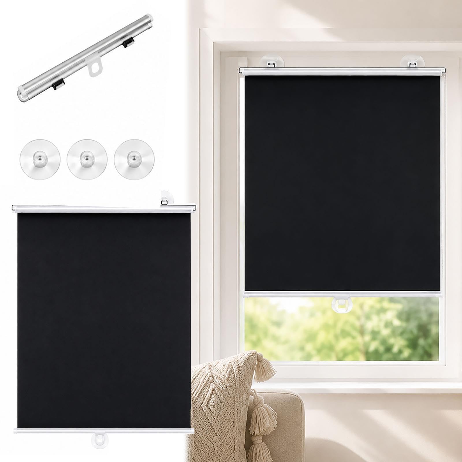 Tende Oscuranti Senza Forare per Finestre, Tende a Rullo con Ventose, Avvolgibili Retrattili per Camera, Ufficio, Camper, Viaggio e Casa in Affitto, per Privacy, Nere(W 70 x 80 cm)