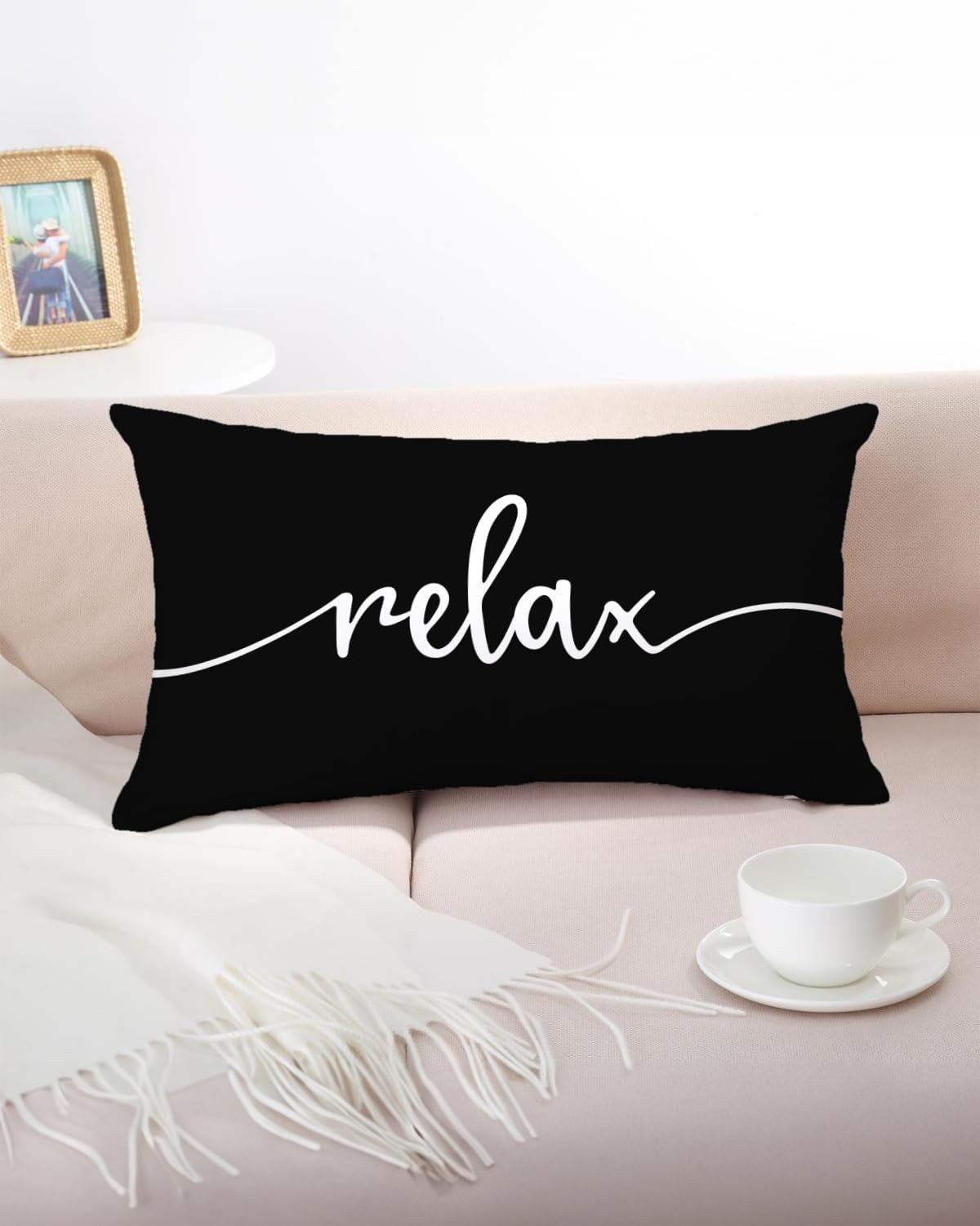 Farmhouse Relax Lumbar Pillow Cover 12x20 Inch - 'Housewarming Gifts' Rustic Cushion Case, Ideal for Couch & Porch Bench Decor, Cozy Home Accessory(Black) - Image 4