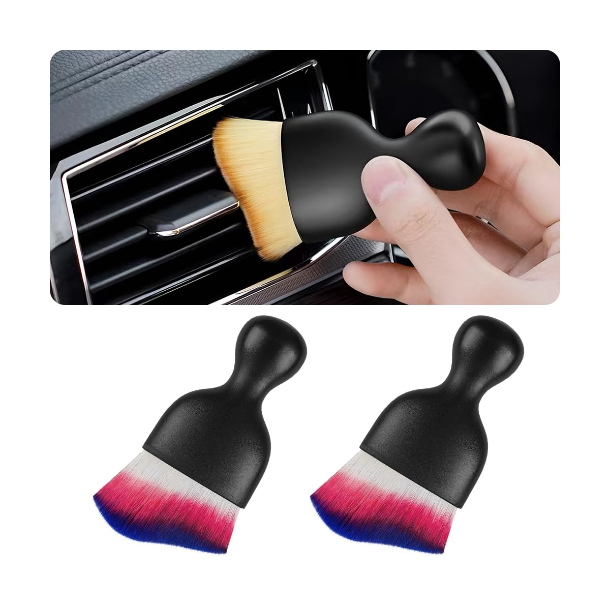 Blilo 2 x Auto-Innenreinigungsbürste mit Staubschutz, weiche Haarreinigungsbürsten, kratzfreie, gebogene Schmutzsammler, für Armaturenbrett, Klimaanlage, Lüftungsschlitze, Leder (rot/blau)