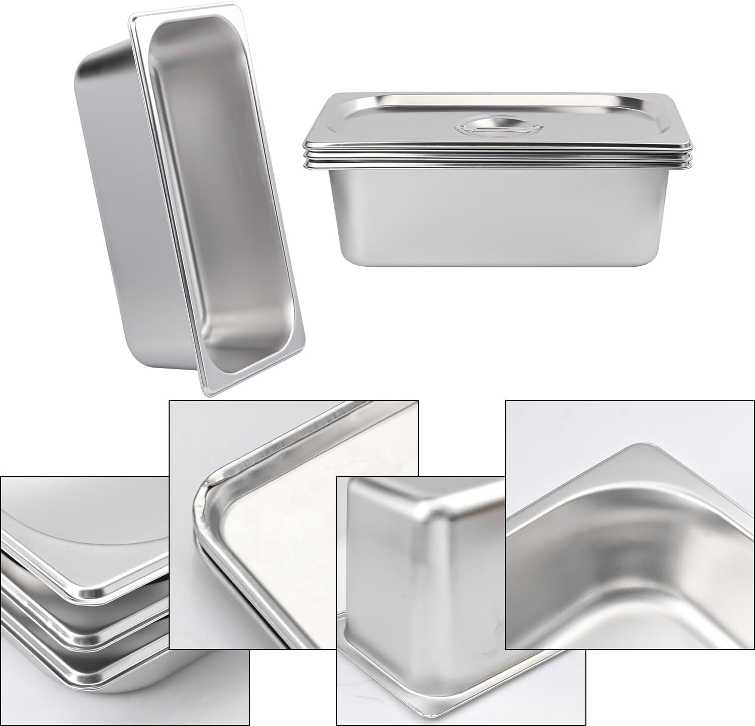 6 Pack 1/3 Size Stainless Steel Steam Hotel Pan with Lid, 4 Inch Deep Anti-Jamming Steam Table Pan, Professional Grade, Hotel Steam Pans for Catering, Restaurant, Home Kitchen & Dining