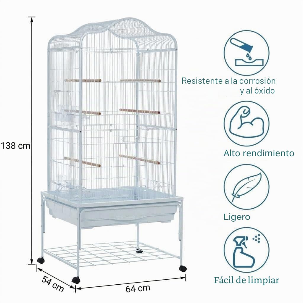 GarveeHome Jaula Extensa para Pájaros De Hierro Forjado con Ruedas 360° – Grande para Loros, Periquitos y Cotorras – Interior y Exterior con Bandeja Extraíble, Blanco