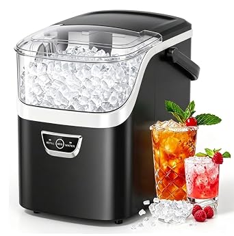 Electactic Nugget Ice Maker Countertop with Handle, Ready in 5 Mins, 34Lbs/24H Ice Machine, Auto-Cleaning Portable Pebble Ice Maker, Removable Top Cover, Basket & Scoop for Home Kitchen RV, Black