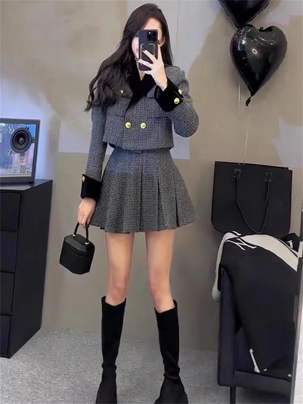 Women's Office Tweed Suit 2 Piece Set Short Jacket with Pleated Skirt Spring Autumn Workwear Outfit