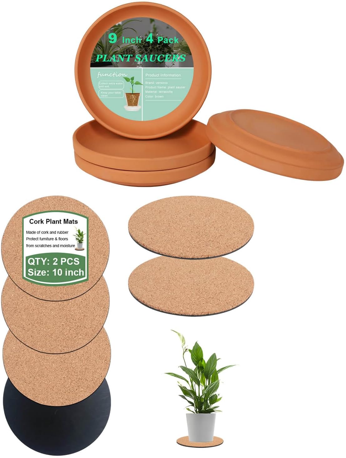 10 Inch Cork Plant Mat and 9 Inch Terracotta Pot Plant Saucer - 2 Pack Large Cork Plant Coasters and 4 pcs Large Round Plant Pot Saucers, Great for Plants, Crafts, Wedding Favor