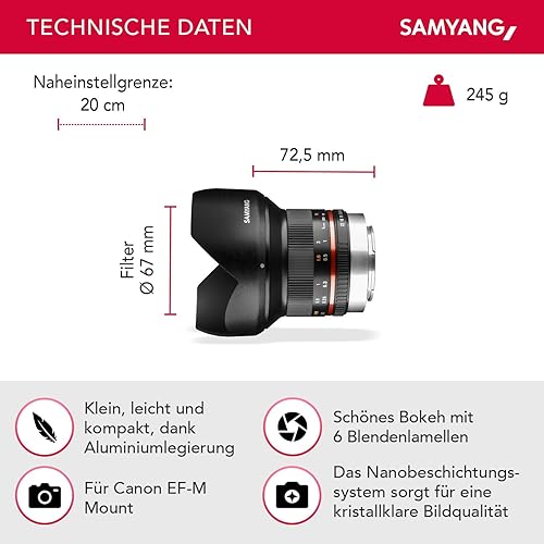 Miniatura 2 de Samyang 1220502101 Lente de enfoque manual F2.0 de 0.472 in para Canon M - Negro