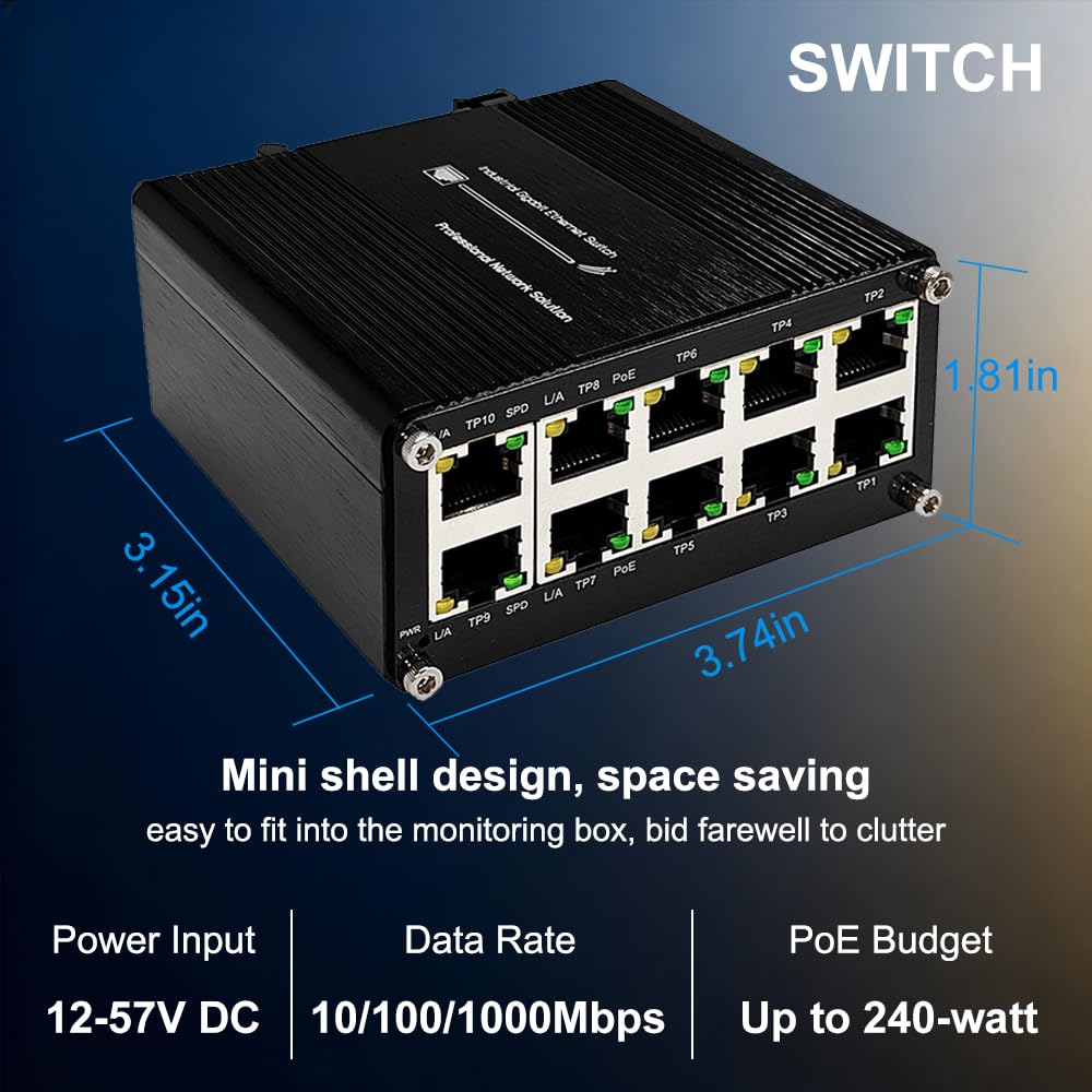 Mini conmutador Ethernet Gigabit PoE+ de 10 puertos – Interruptor de red no administrado de grado industrial con 8 puertos PoE y 2 puertos de enlace ascendente, Plug and Play, interruptor PoE de