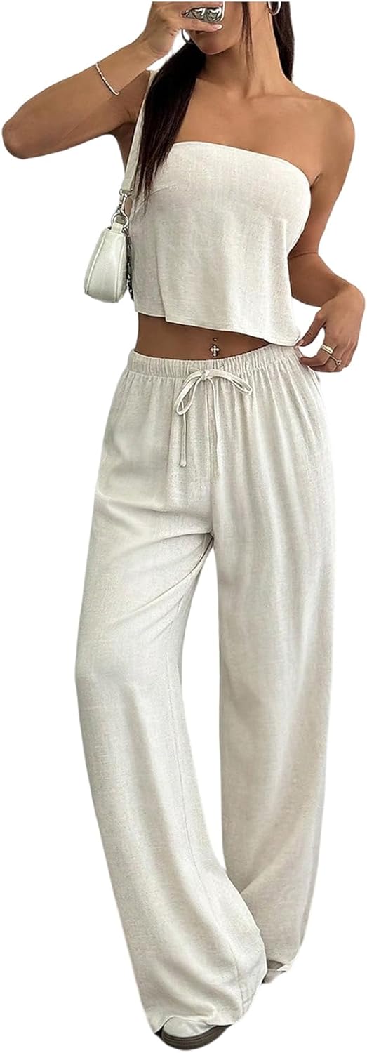 SHENHE Women's Linen 2 Piece Set Open Back Crop Tube Top and Wide Leg Pants Vacation Outfits