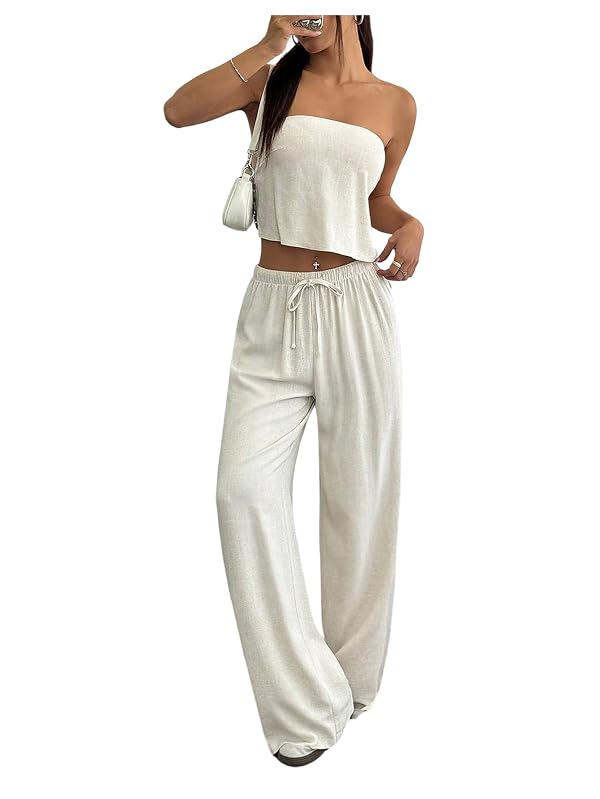 SHENHE Women's Linen 2 Piece Set Open Back Crop Tube Top and Wide Leg Pants Vacation Outfits Apricot Small by SHENHE - Used condition - US$14.54