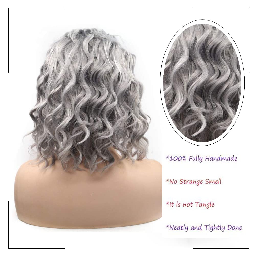 Gray Curly Bob Lace Front Wig Synthetic Sliver Grey Short Bob Wig for Women Heat Resistant Fibre Party Drag Queen Soft Wigs 14 Inch