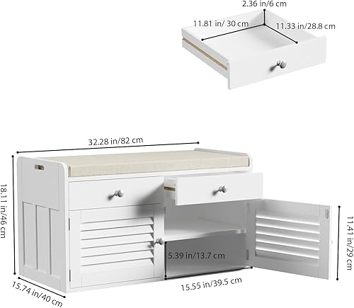 Miniatura 2 de Banco de almacenamiento de 2 niveles, banco de zapatos con cojín de asiento acolchado, banco de entrada con 2 cajones y estantes ajustables, color