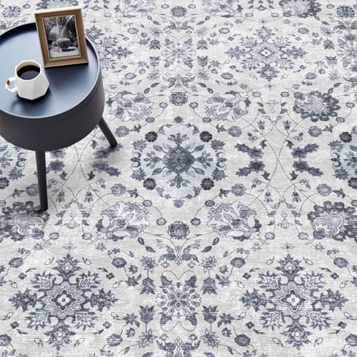 vivorug Runner Rug 2x10 Machine Washable Rug with Non-Slip Backing, Ideal for Kitchen Hallway Entryway Laundry Room - Vintage, Durable, Easy Clean, Low Pile Carpet Runner, Ivory/Blue