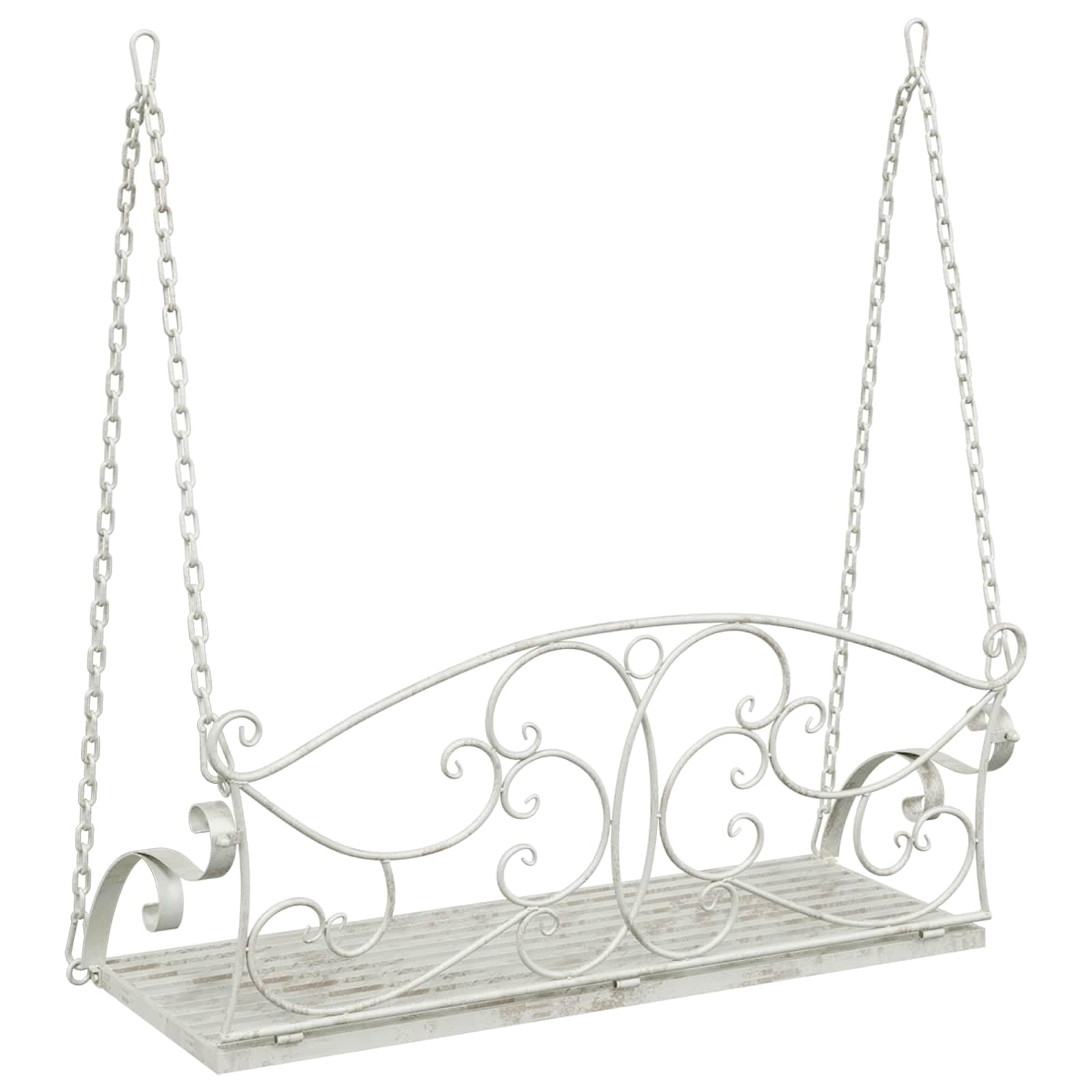 Banco balancín de acero resistente, 110 x 52,5 x 47 cm, color blanco envejecido, para jardín, terraza, balcón, porche, asiento resistente a la intemperie, con cómodo acolchado y fácil montaje
