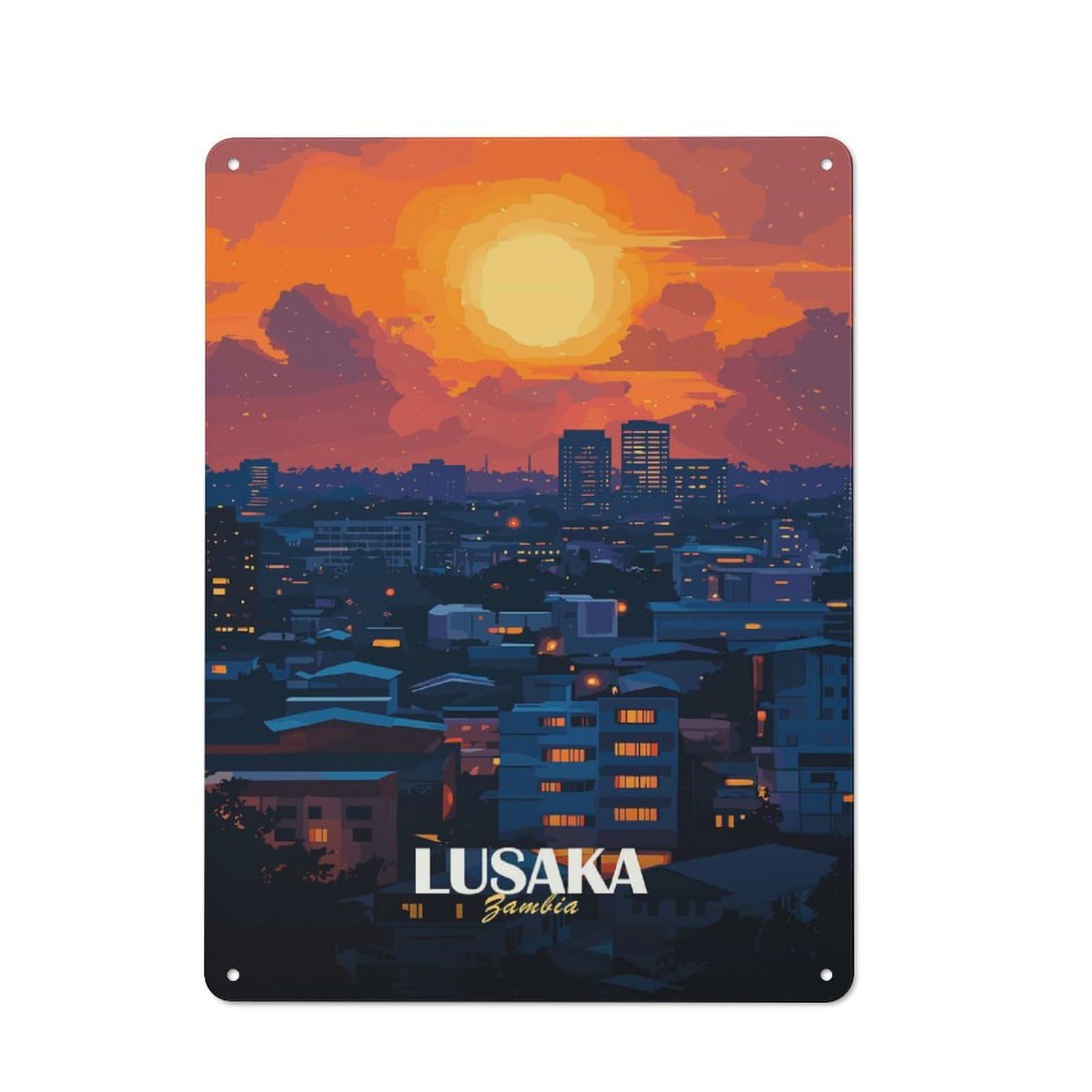 Junmoney Lusaka Zambia Cityscape At Sunset Metal Plaque 40X30cm With For Home Bar Wall, Retro Decor, For Garage, Workshop And Man Cave Decoration