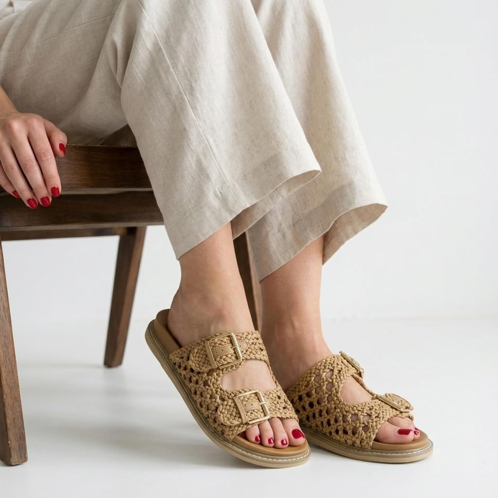 CUSHIONAIRE Weaver Summer Sandals for Women - Shiny Raffia Woven Slip On Womens Slides with Adjustable Buckle