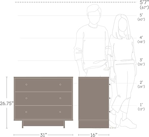 Miniatura 4 de Prepac Finnley Mesita de noche de 3 cajones en roble natural, mesa de noche extra ancha con almacenamiento, mesa auxiliar moderna para el hogar,