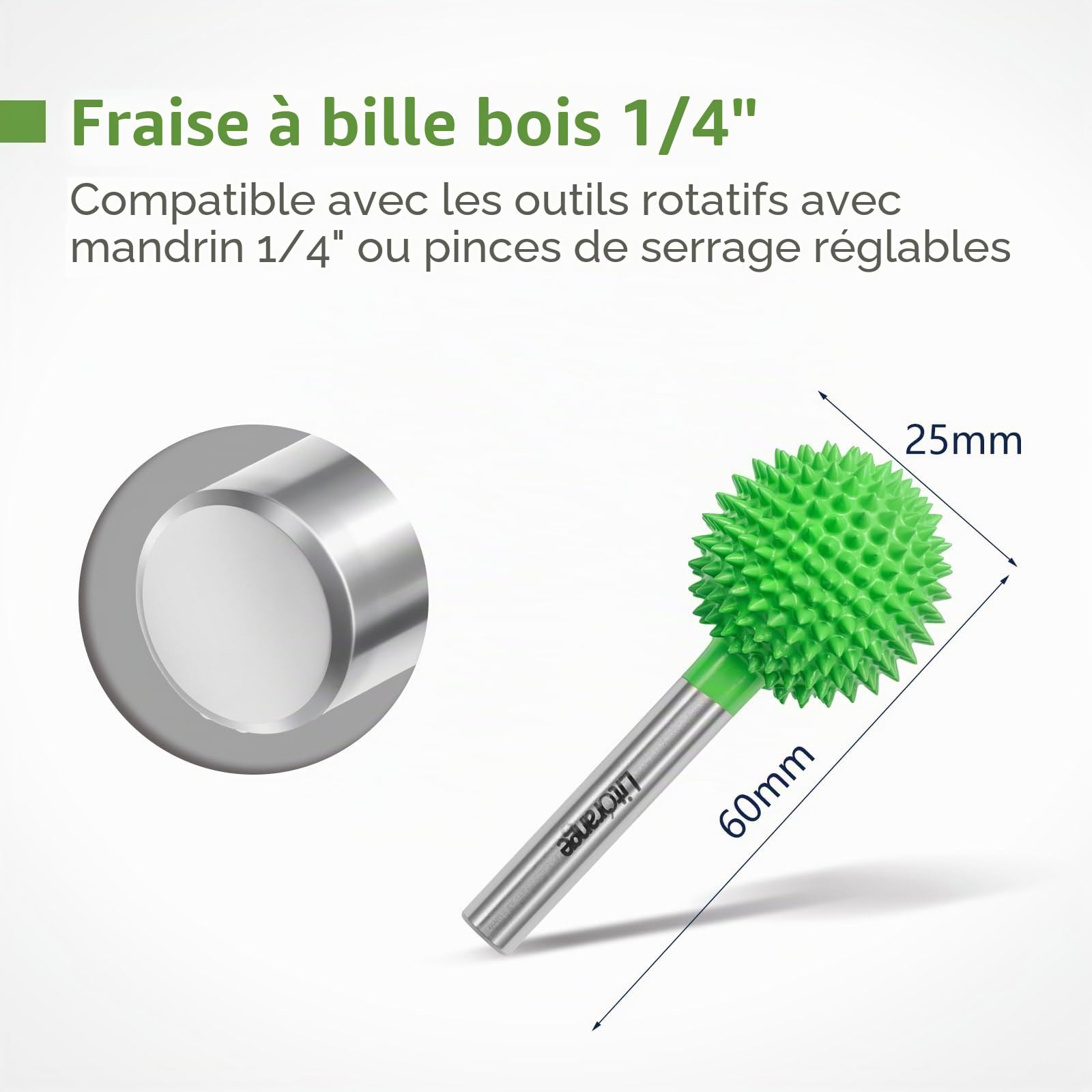 Litorange Fraise à bille en carbure avec pointe longue pour perceuse, Ponceuse à tête sphérique de 1/4" pour meuleuse droite électrique, fraise à bois, râpe à billes pour le travail du bois et la
