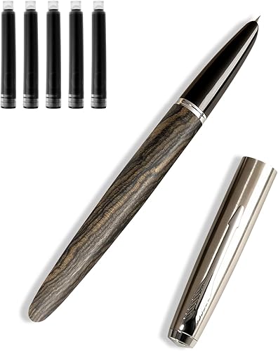 lucilynx Pluma estilográfica de madera con punta extrafina, diseño clásico ligero para una escritura suave, incluye 5 cartuchos de tinta negra,