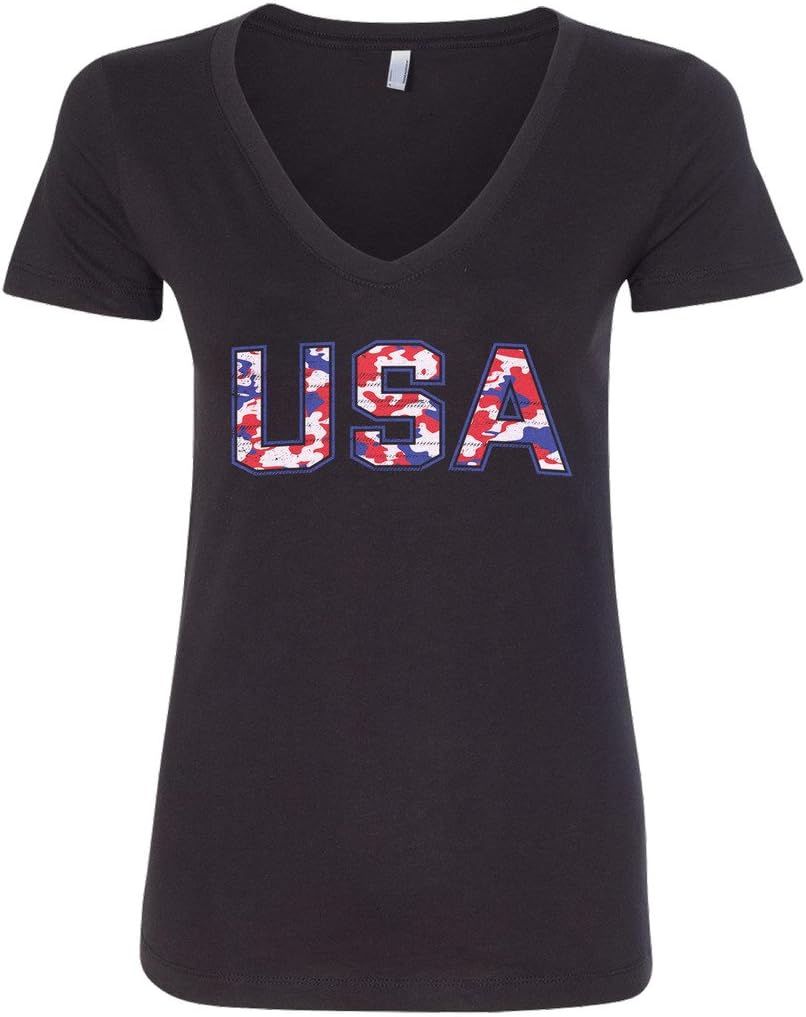 Threadrock Women's Red White & Blue Camouflage USA V-Neck T-Shirt