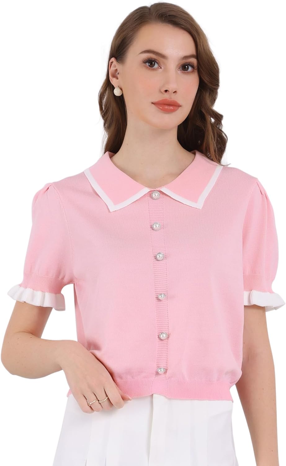 Women's Puff Sleeve Blouse Dressy Vintage Knit Ruffled Crop Tops