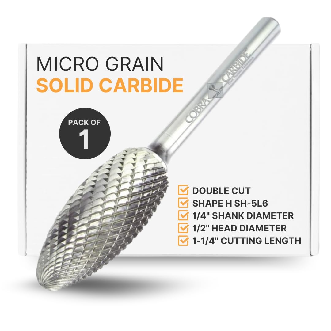 11107 Micro Grain Solid Carbide Flame Long Length Burr, Double Cut, Shape H SH-5L6, 1/4" Shank Diameter, 1/2" Head Diameter, 1-1/4" Cutting Length (Pack of 1)