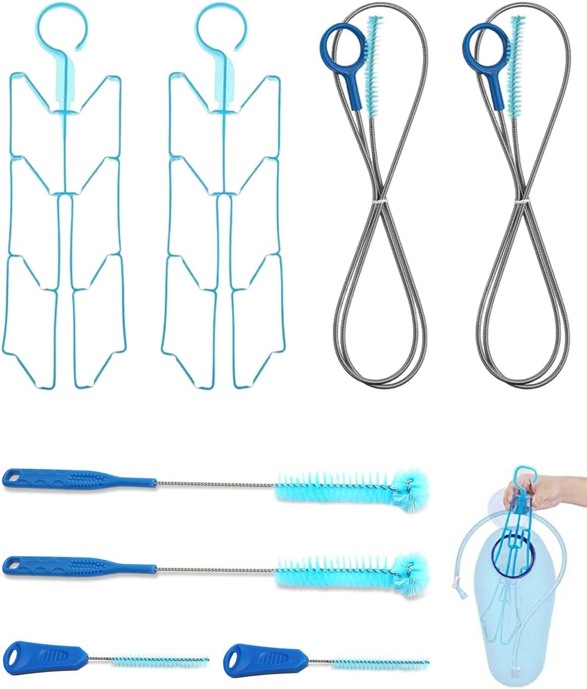 2 Set Hydration Bladder Cleaning Kit – Flexible Long Hose Brush, Bladder Brush, Bite Valve Brush & Drying Collapsible Frame, Water Reservoir Backpack Accessories