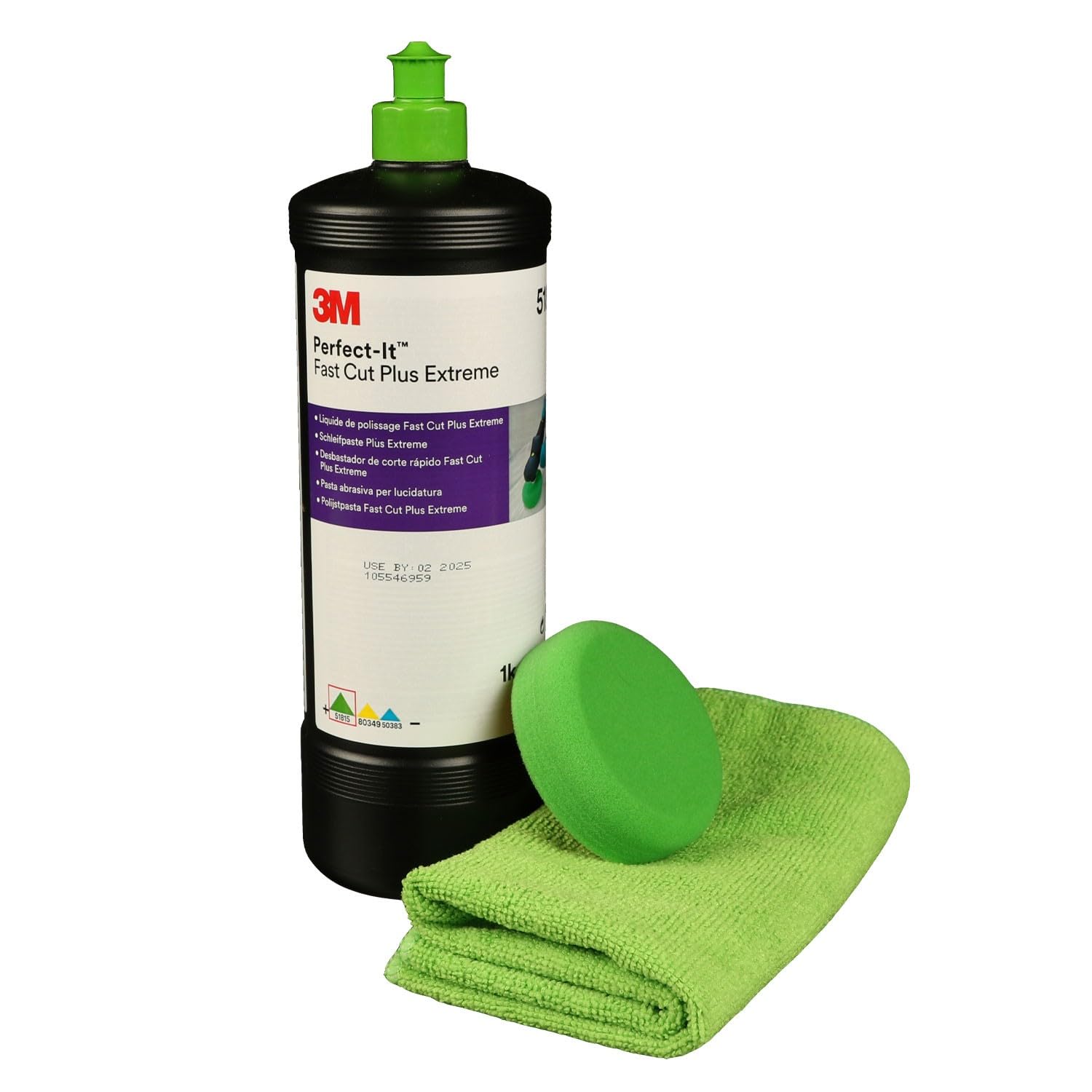 AllorA Schleifpasten Set | Polierpad grün gewaffelt/glatt (Ø160/80mm) + Mikrofasertuch grün (40x40cm) + 3M Perfect-It Fastcut Plus Extrem 51815 (1kg) | Politur Set (Ø80mm | Glatt | Grün)
