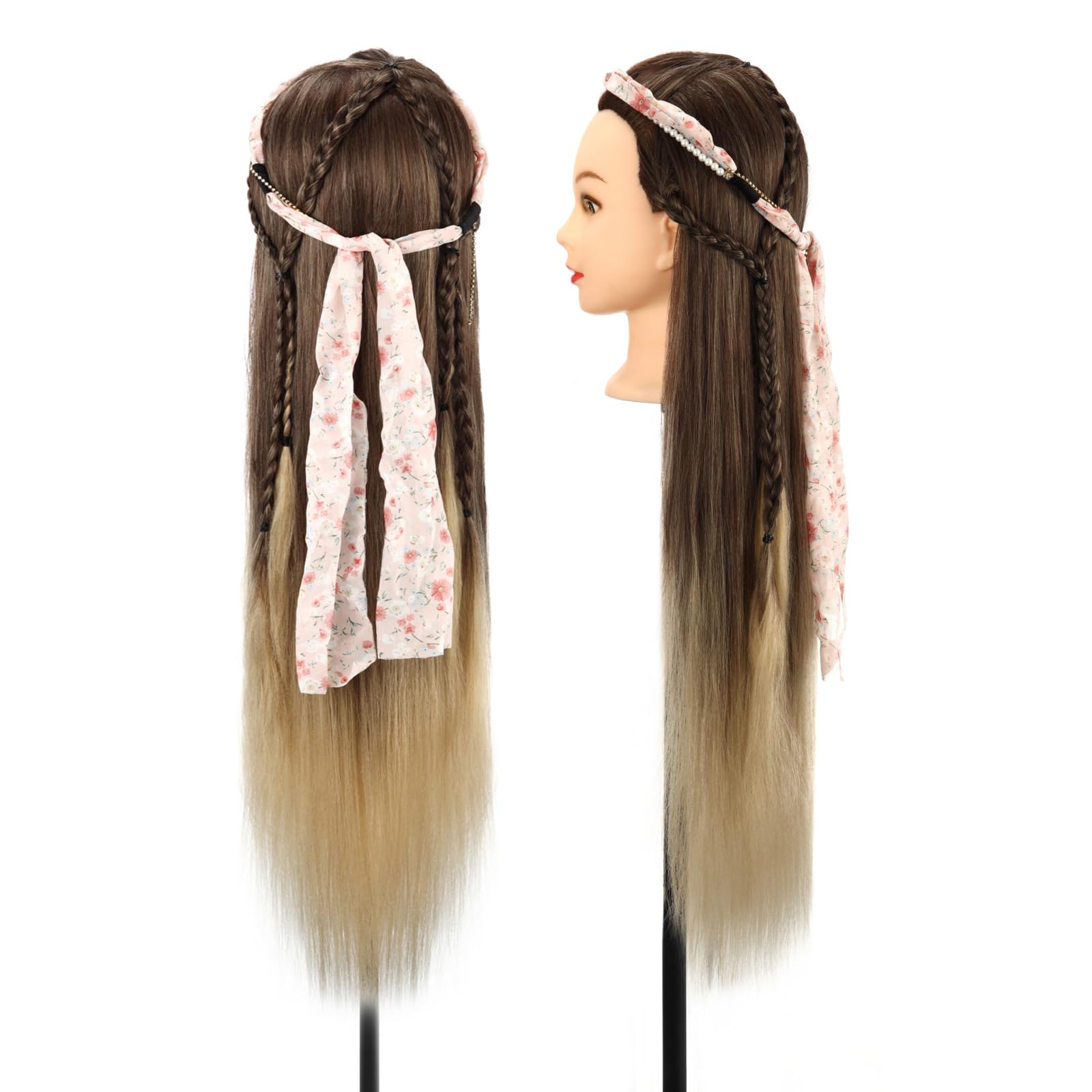 Frisierkopf, Auzass Frisurenkopf 26-28 Inch 100% Kunsthaar Weich Übungskopf Ombre Friseurkopf Trainingsköpfe Mit Halter + DIY Haare Frisuren Set zum Üben von Frisuren (Brown to Deep Gray)