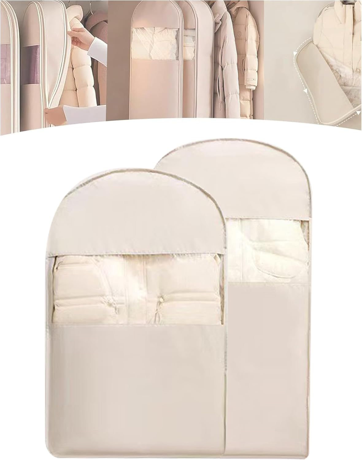 Space Saving Hanging Garment Bag with Self Compression Zipper 3pcs M+L+XL with Large Clear Window Oat Beige Closet Organizer Otherwise Space-saving Compression Garment Bag
