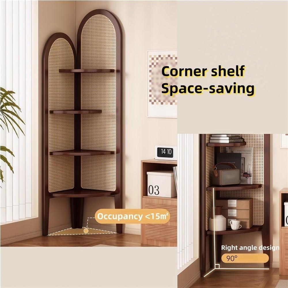 4 Tier Corner Shelf, Rattan Display Shelves with Solid Wood Frame, Bookshelf Stand for Living Room, Bedroom, or Office(Brown)