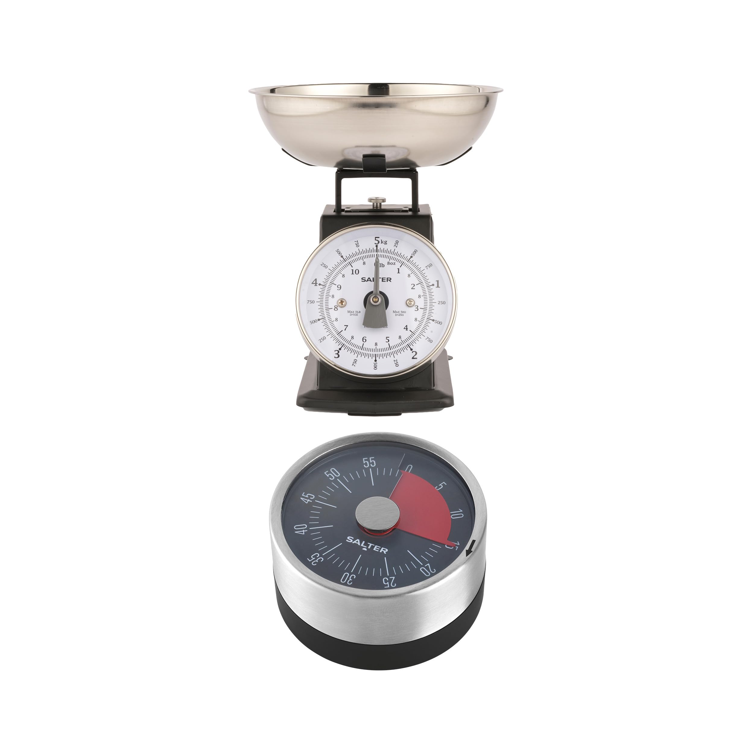 Salter Timeless Mechanical Kitchen Scale & Timer – 5kg Capacity, 1L Dishwasher Safe Bowl, 60 Minute Countdown Markers, Attach To Ovens & Fridges, Weigh Multiple Ingredients, Black/Stainless Steel