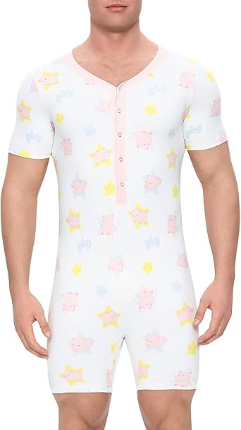 Landofgenie Men's Short Sleeve Onesie Back Cutout Romper Pajama - Piggy