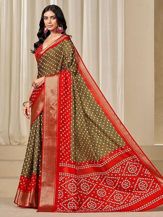 Ethnic/Junction Women's Dola Silk Bandhani Print Zari border Saree with Blouse Piece
