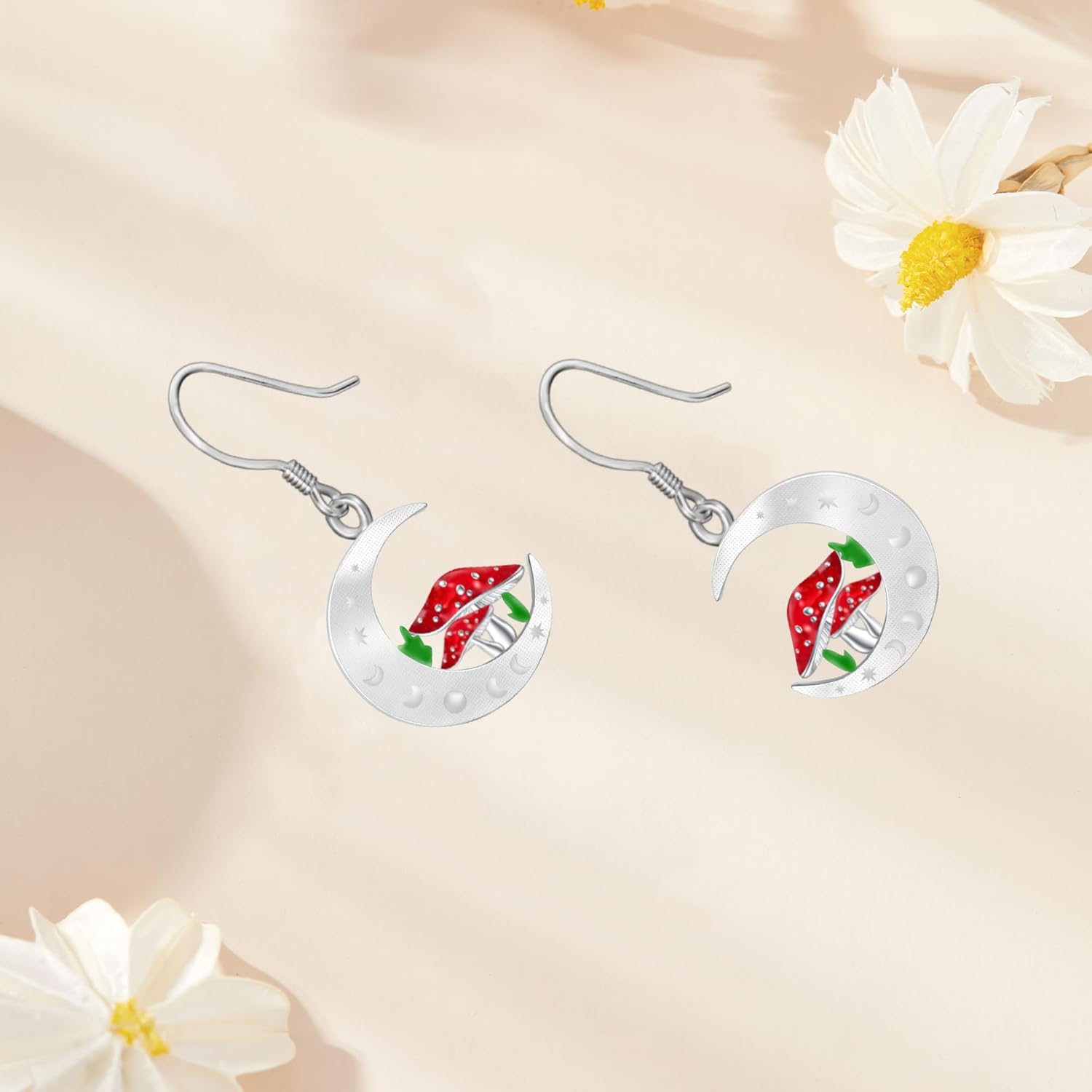 Moon Mushroom/Cat Mushroom/Moss Agate Mushroom Earrings for Women, Sterling Silver Drop Dangle Earrings for Women, Sterling Silver Jewelry Mushroom Earrings Gifts for Christmas Birthday - Image 2