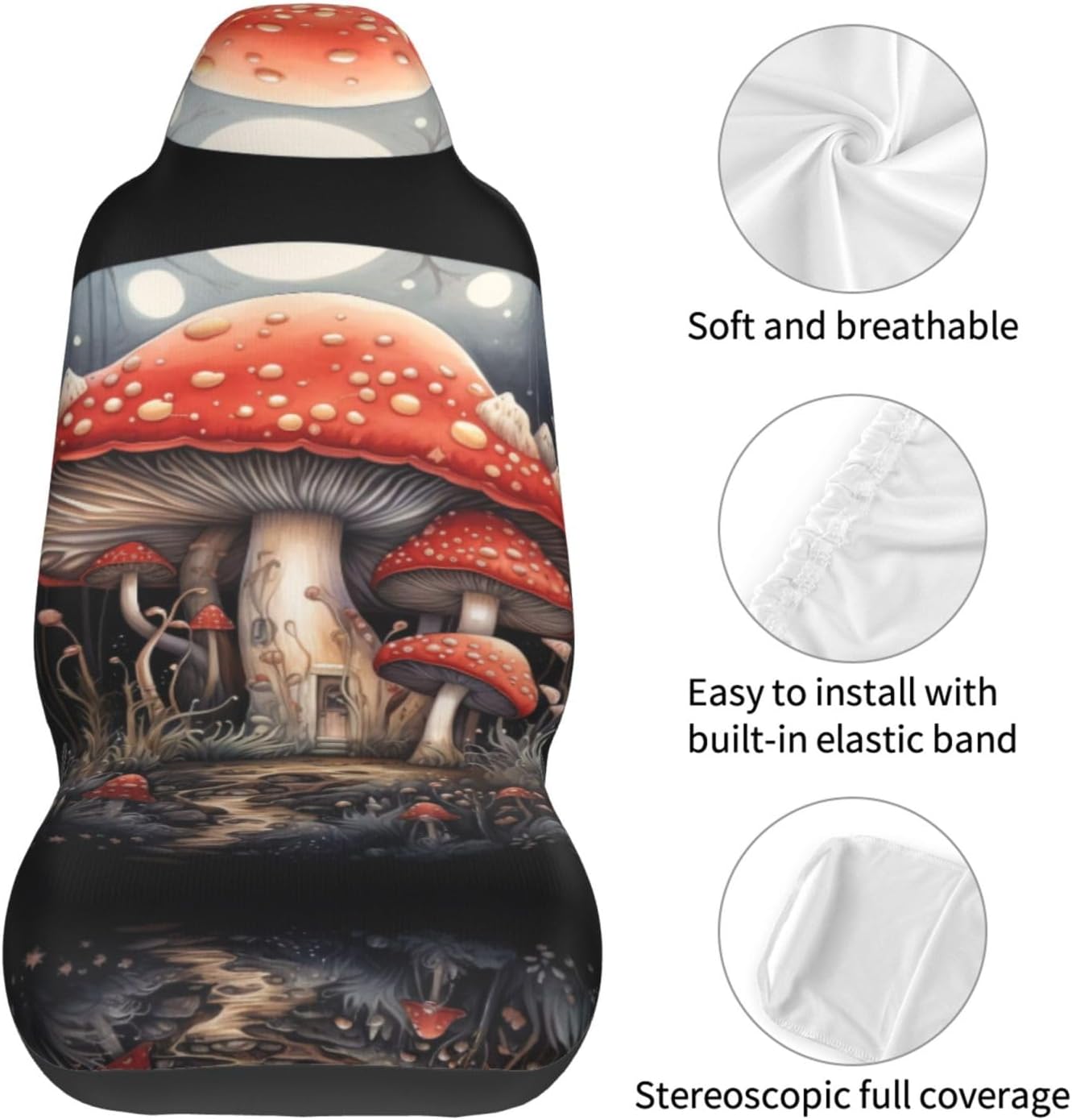 Universal Forest Wild Mushroom Art Printed car seat Covers are Suitable for Most Seats in Trucks, Vans, and Other Similar Vehicles.