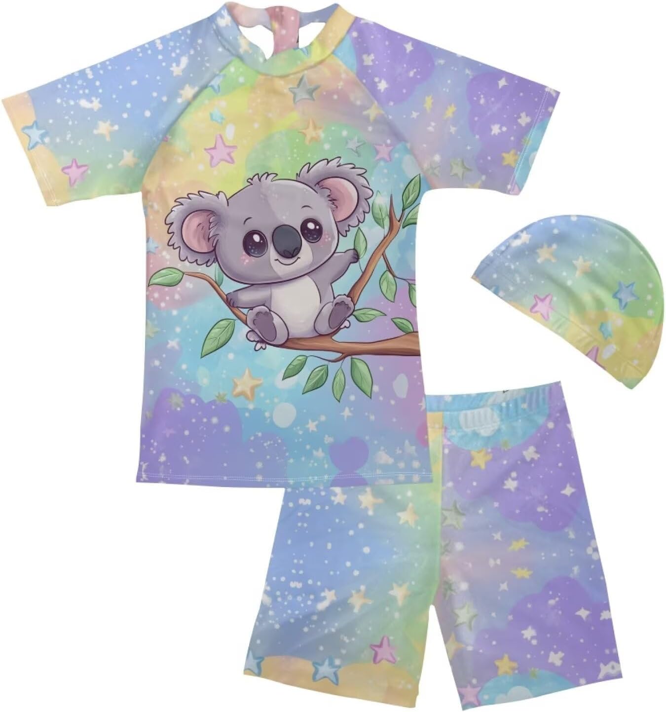 Girls 3 Piece Swimsuits Set Bathing Suit Short Sleeve Swim Shirt with Trunk and Hat 5-14 Years