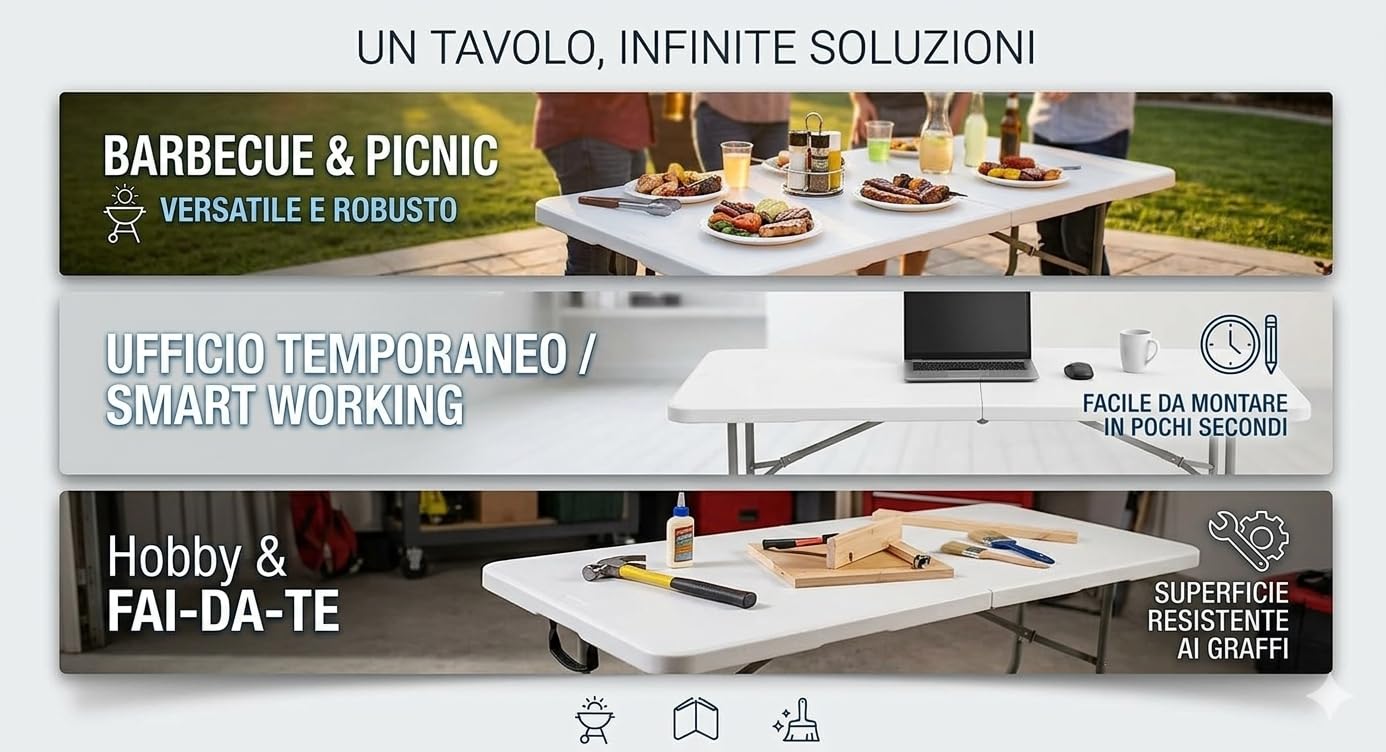 BERARDI | Tavolo pieghevole in resina bianca, 180x70x74 cm, portatile con maniglia, per sagra, campeggio, birreria, catering, casa, fiere