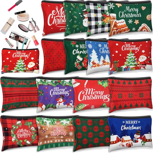 Kacctyen 16 Pcs Christmas Makeup Bag Gifts Bulk Cosmetic Bag with Zipper Santa Snowman Red and Green Travel Make up Pouch Portable Storage Pouch for Women Xmas Party Accessories(Christmas)