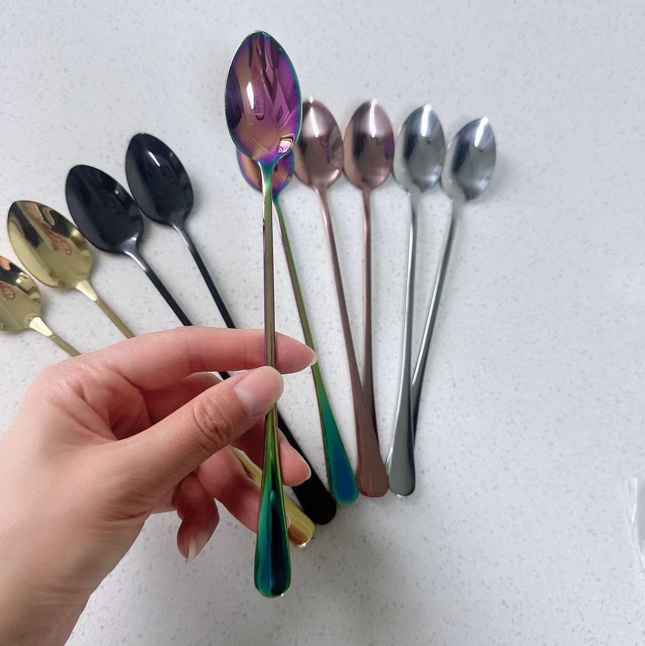 10pcs Long Handl Ice Tea Spoon,Long Cocktail Stir Spoon for stirring,Colorful Stainless Steel Coffee Spoons,Stirring Spoons for Mixing,Iced Tea,Milkshake,Cold Drink,ice Cream Scoop Set (5olors,7.7In)
