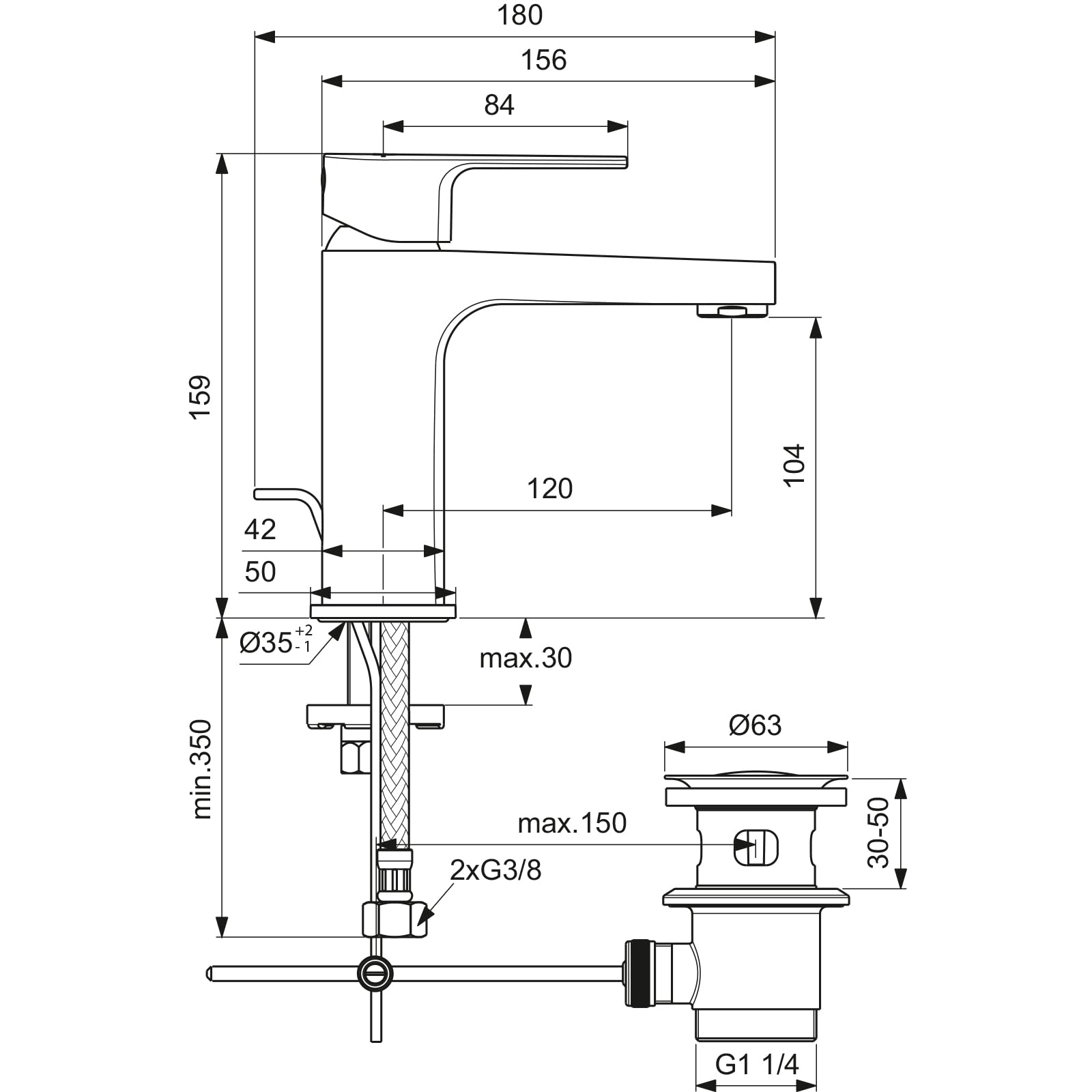Ideal Standard BC686AA Cerafine D Waschtischarmatur Grande mit Ablauf, Bad-Wasserhahn mit Auslauf, Mischbatterie Waschbecken, Wassersparend, Chrom