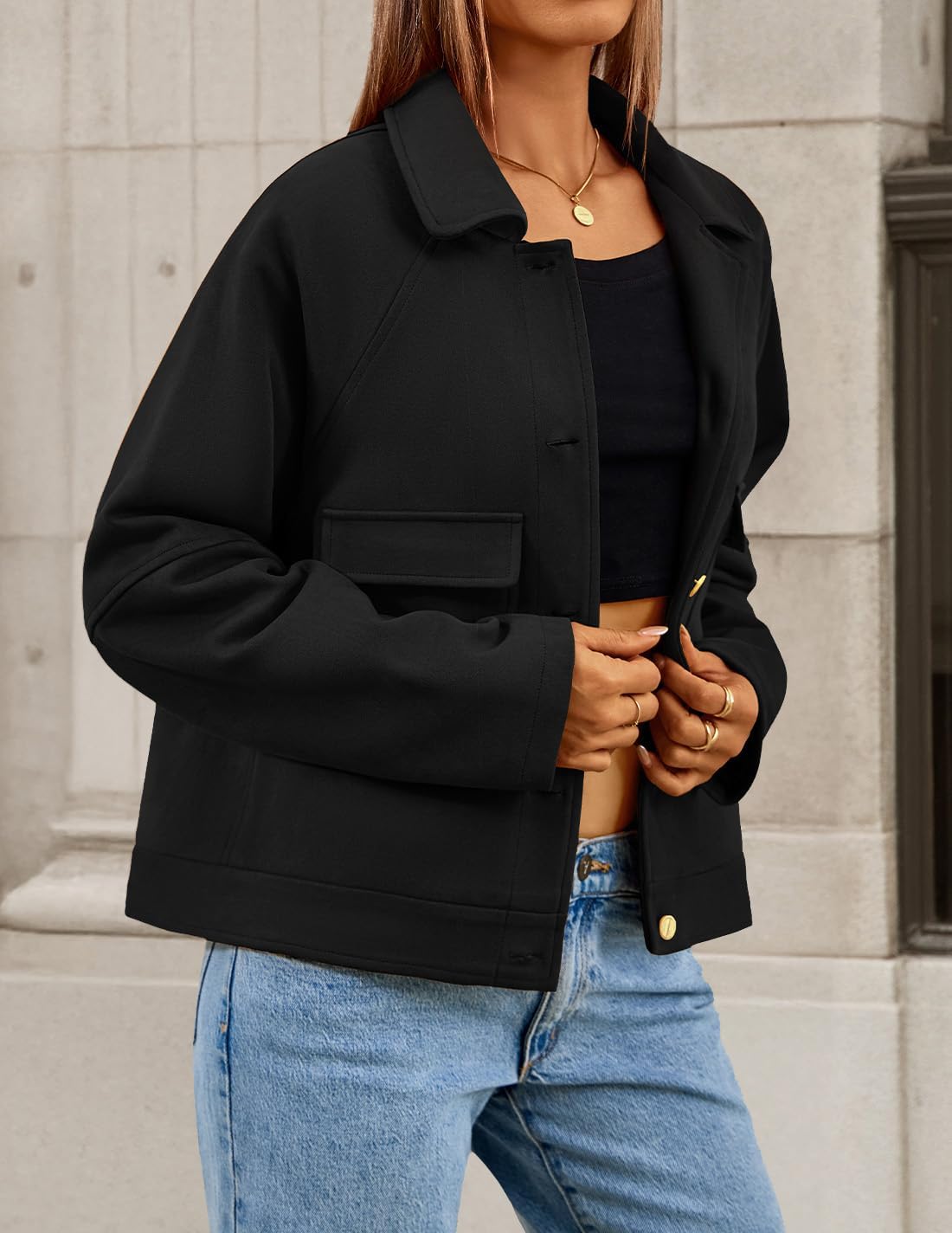 ZESICA Womens 2026 Spring Faux Suede Cropped Jackets Coats Casual Button Down Barn Vintage Trendy Shackets - Image 4