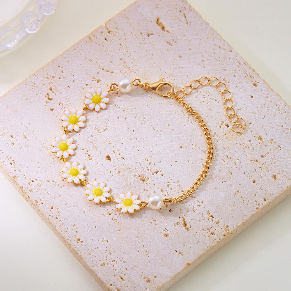 Cute Daisy Bracelet for Women 14K Gold-Tone Plated Dainty Flower Charms Link Bracelets Adjustable Chain Friendship Sunflower Summer Holiday Trendy Jewelry Party Beach Daughter Girlfriend - Image 4