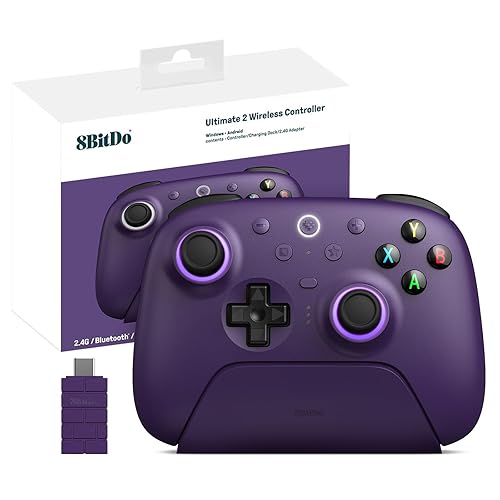 RunSnail for 8Bitdo Ultimate 2 Wireless 2.4G Controller for PC Android, TMR Joystick, Switchable Hall Effect/Tactile Triggers, RGB Fire Ring, 8Speed Wireless Tech Controller with Charging Dock - Purple