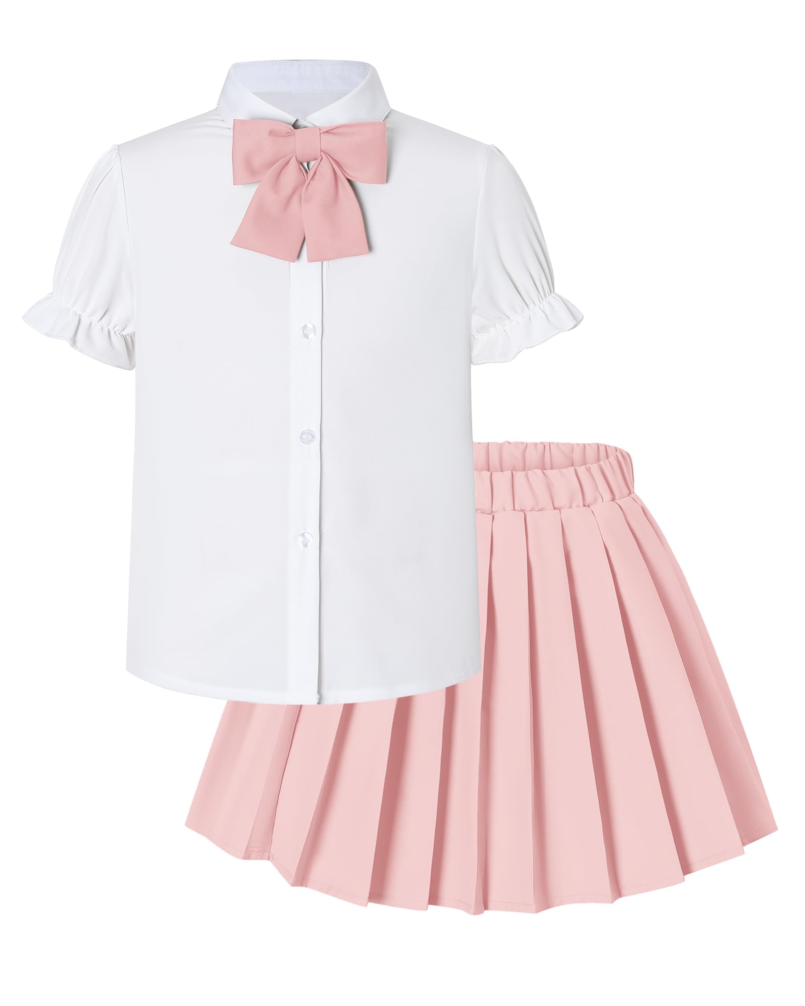 Betusline Girls JK Uniform Outfit, Shirt with Bow &amp; Pleated Skirt,4T-16Y